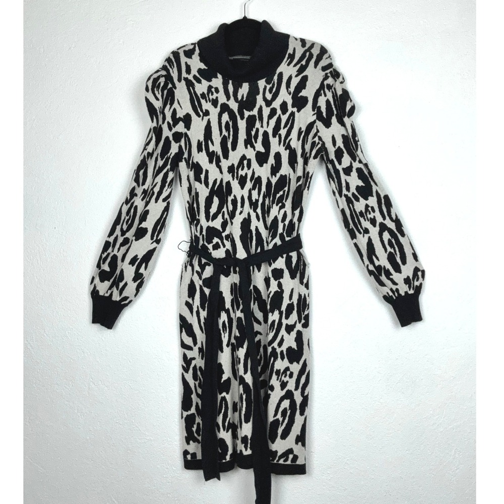 Who What Wear Black White Sweater Dress - M - Leopard Puff Sleeve Boho Chic